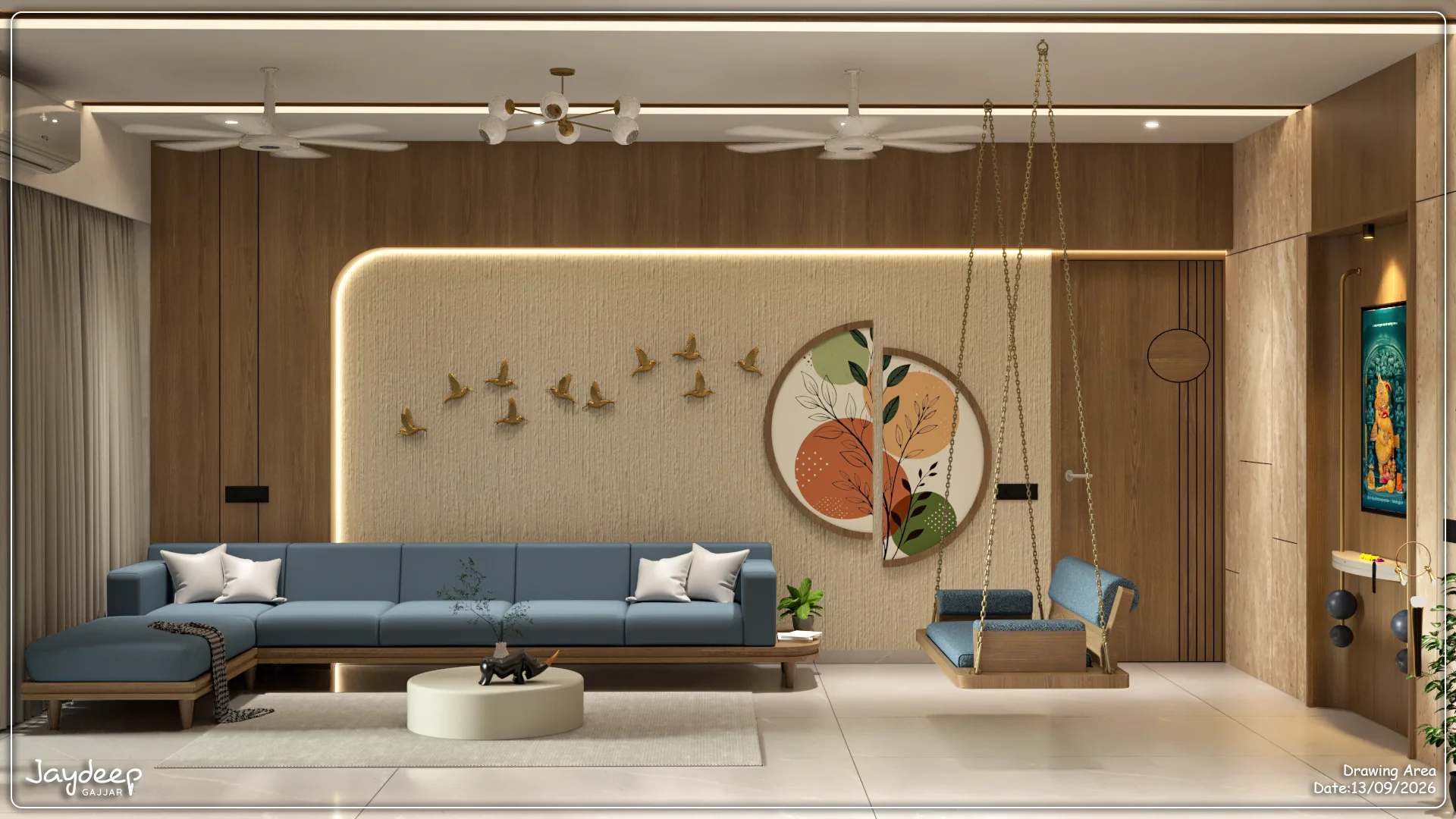 Living room with blue seating and a warm timber feature wall