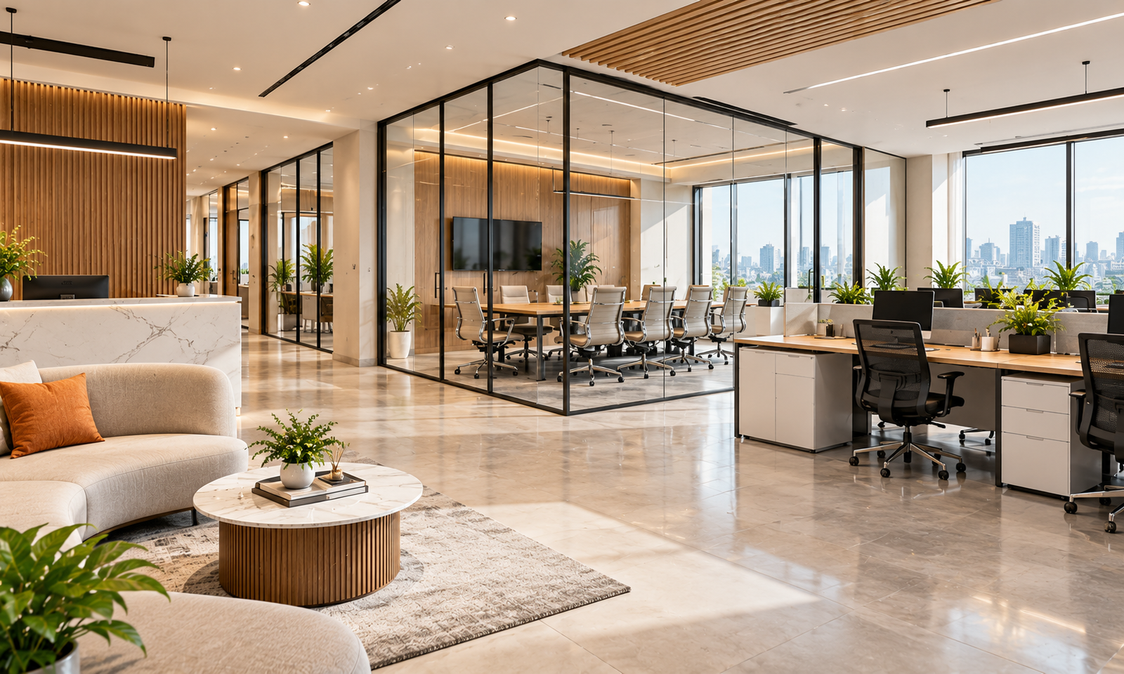 Modern office with meeting room and city views