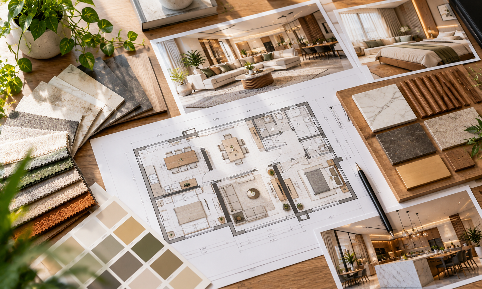 Interior design plans and material mood board