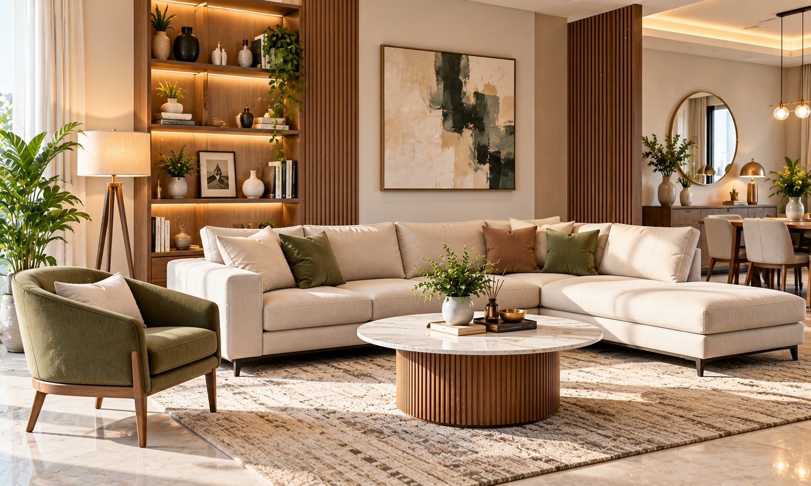 Beige and olive living room furniture and decor