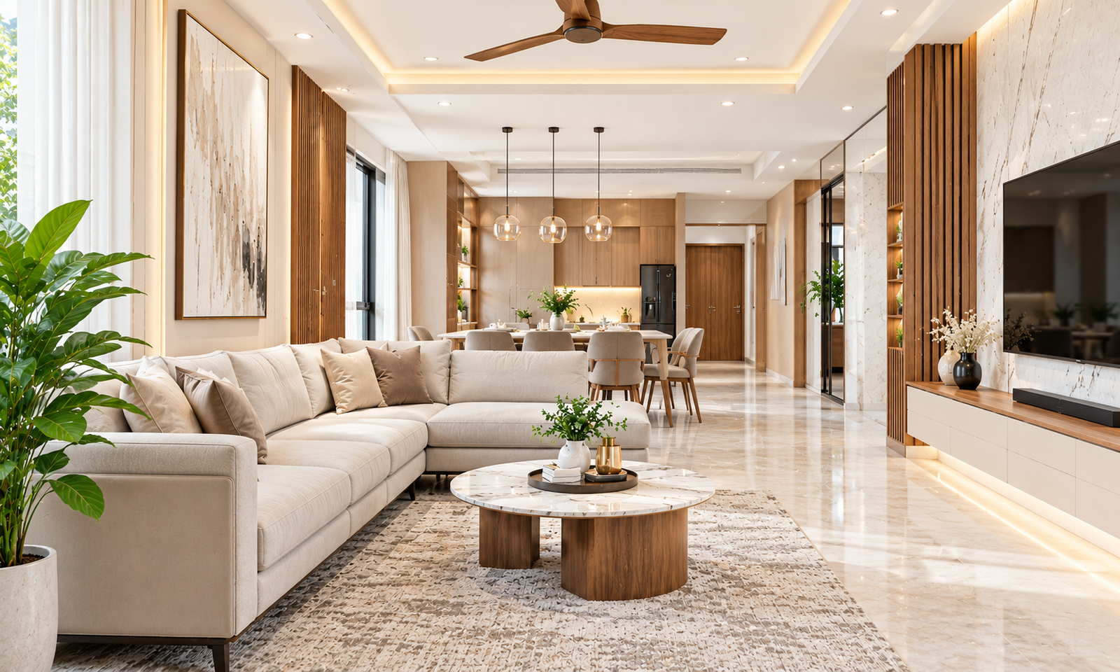 Modern open-plan living and dining room